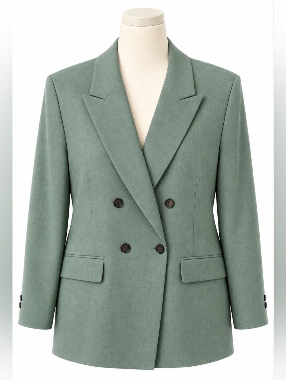 Mango Sage Green Linen Double Breasted Blazer Jacket Women's Size XL Flap Pocket